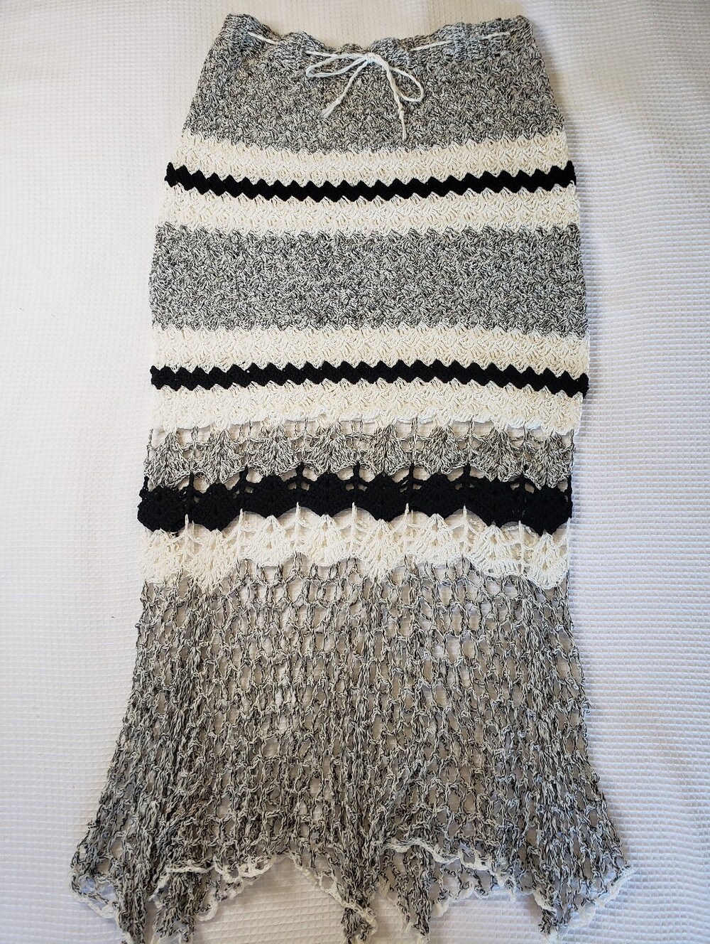 Handmade Women's Black/Off-White Crochet Long Knit Skirt Dressy Casual Cover-Up
